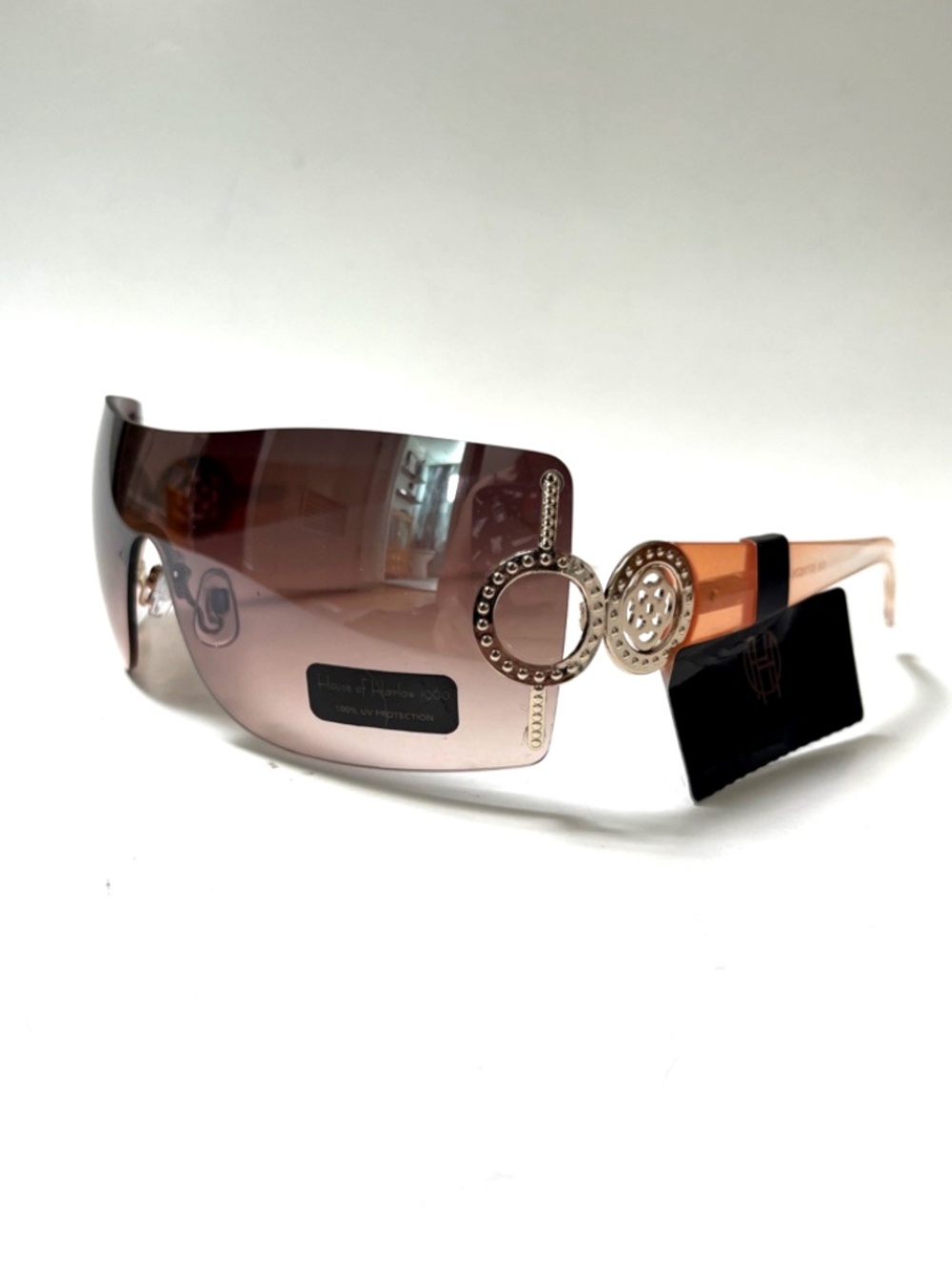 House of Harlow 1960 Shield Wrap Around  Rimless Sunglasses Brown Pink Gold NWT